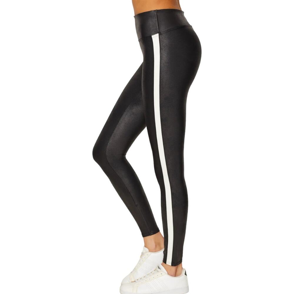 Spanx Faux Leather Side Stripe Leggings Small Black Chic Edgy High Waisted